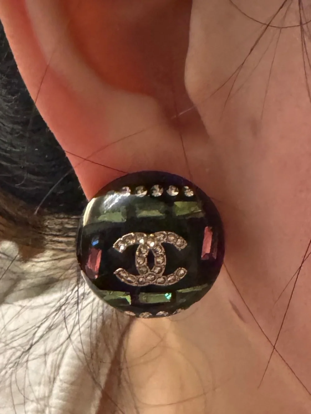 Rare Limited Edition Chanel CC Logo Green and Pink Enamel Crystal Stud Earrings